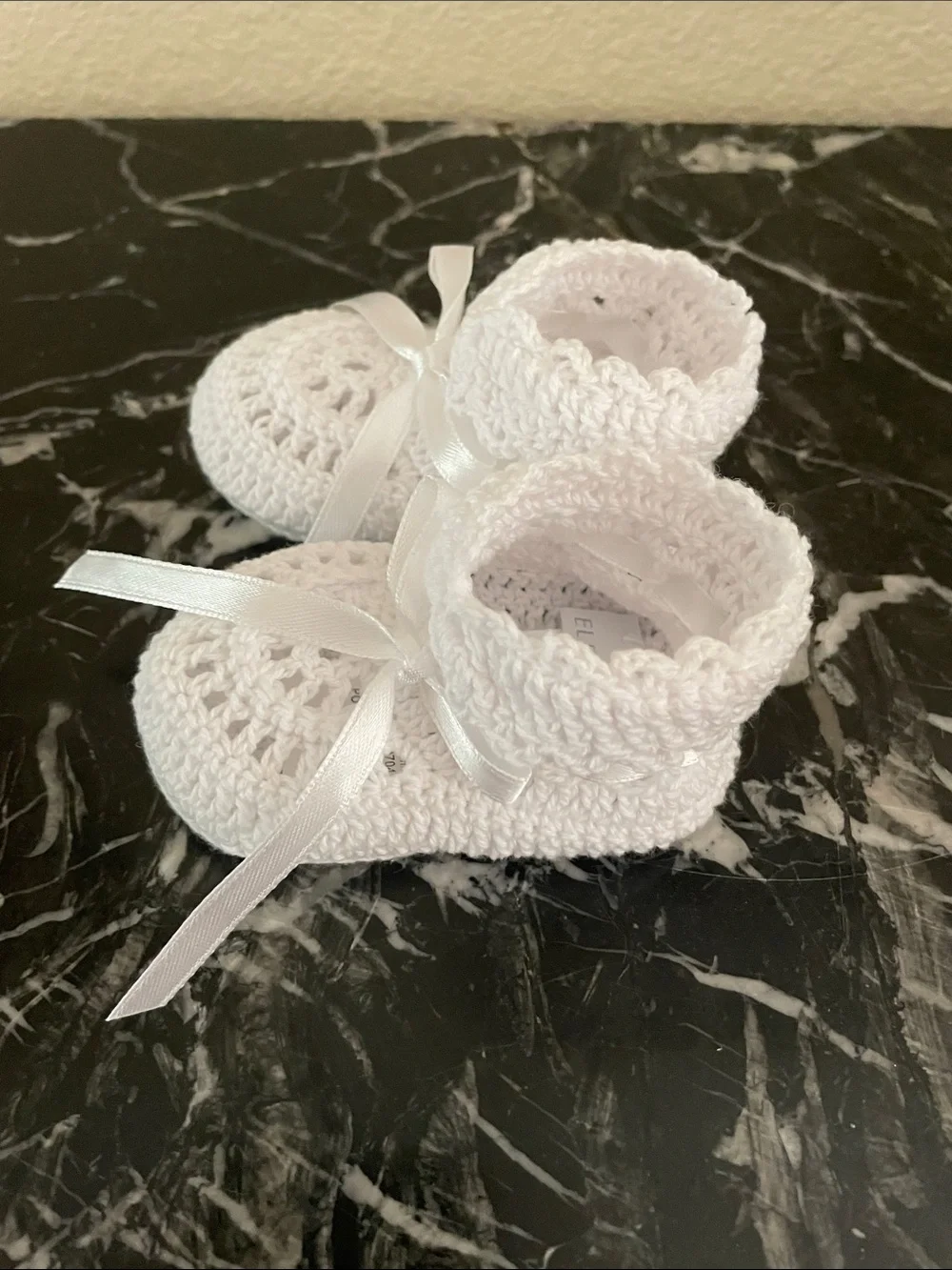 White Crochet Baby Booties with Satin Ribbon 0-3 Months